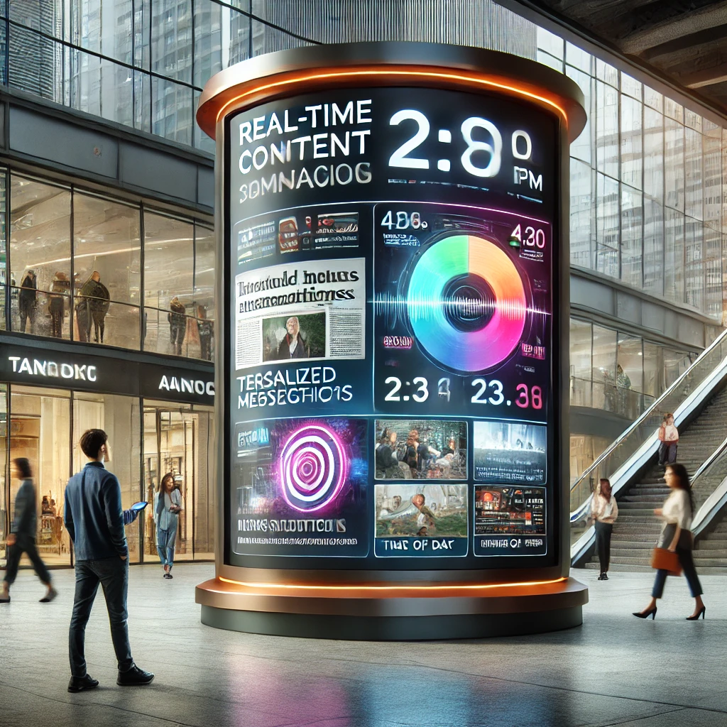 Cylindrical smart signage by digisigns displaying real-time content and personalized messages in a modern shopping mall