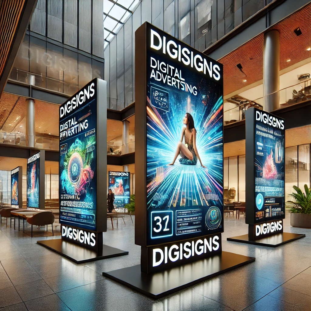 Modern lobby with digital signage by digisigns displaying vibrant AI-driven ads, showcasing dynamic visuals and branding.