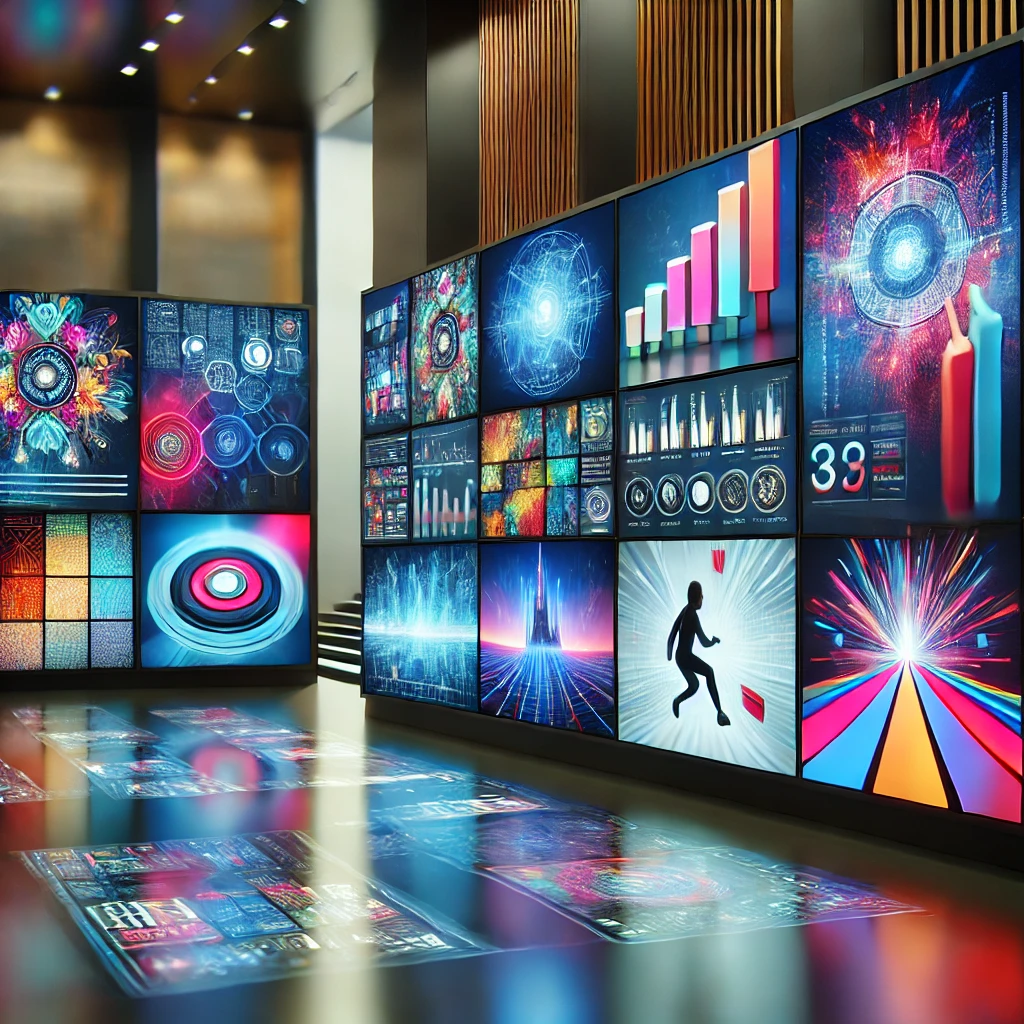 Futuristic display with smart signage by digisigns showcasing vibrant AI-generated visuals and data charts in a modern indoor space.