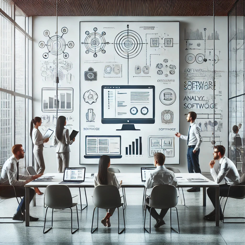 Business meeting with a whiteboard by digisigns displaying software analytics and charts for strategic planning.