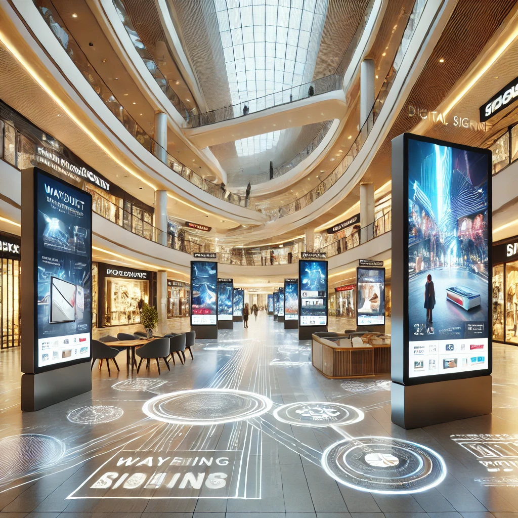 Spacious shopping mall with smart signage by digisigns and wayfinding displays, featuring dynamic visuals and interactive floor projections.