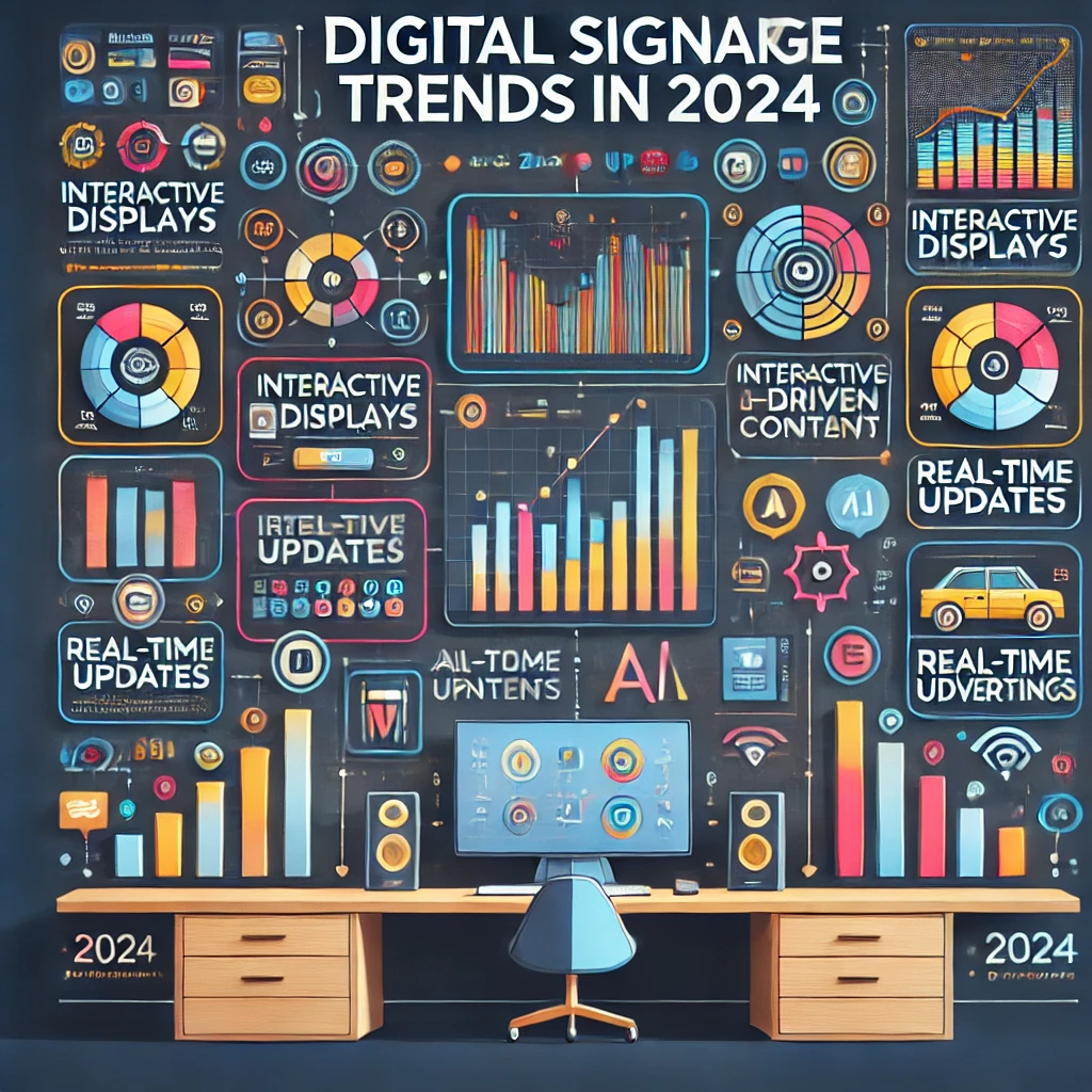Infographic on digital signage trends in 2024 by digisigns, highlighting interactive displays, AI content, and real-time updates.