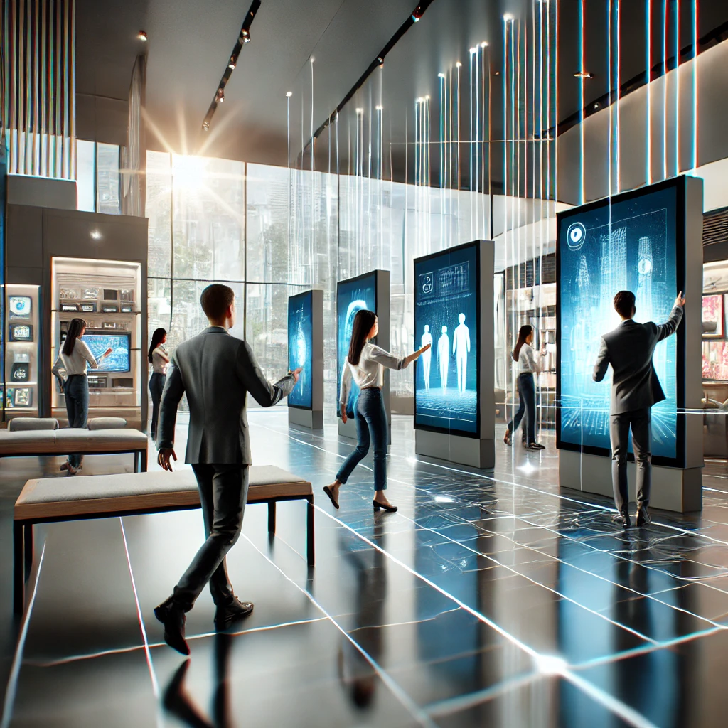 Modern exhibition space with smart signage by digisigns, featuring interactive displays and professionals engaging with digital content.
