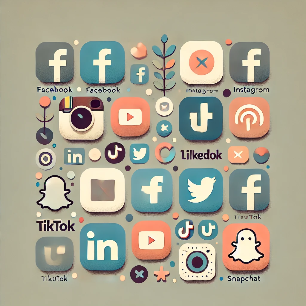Collage of social media app icons including Facebook, Instagram, TikTok, and Snapchat, showcasing digital platform variety.