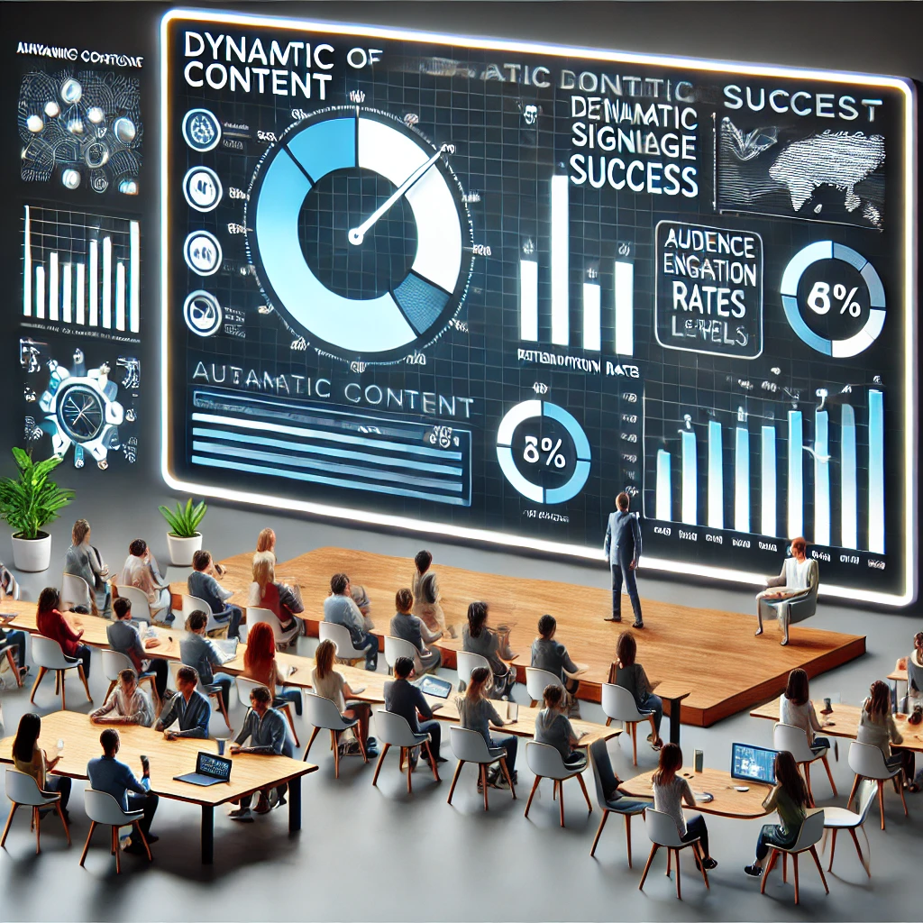 Conference presentation with smart signage by digisigns displaying dynamic content and audience engagement metrics for 2024
