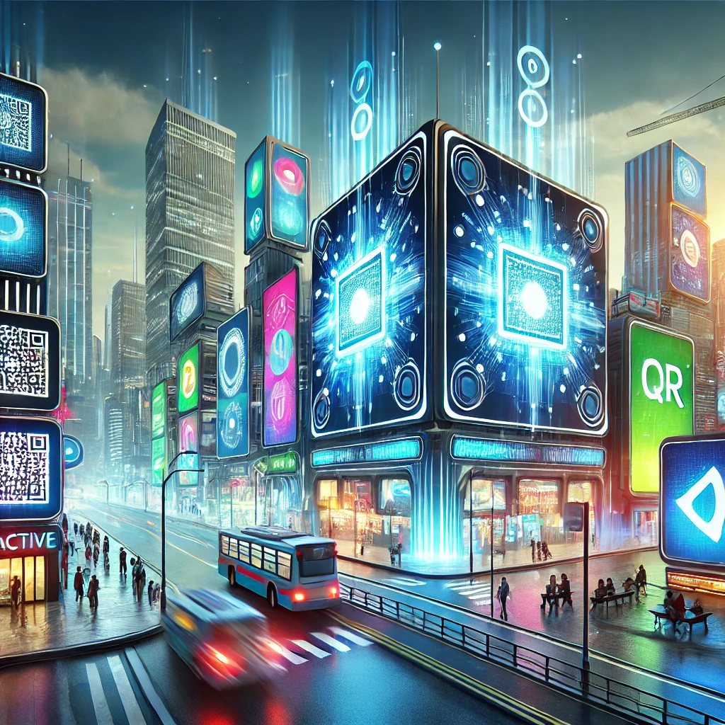 Futuristic cityscape with smart signage by digisigns featuring QR codes and vibrant digital displays in a bustling urban environment