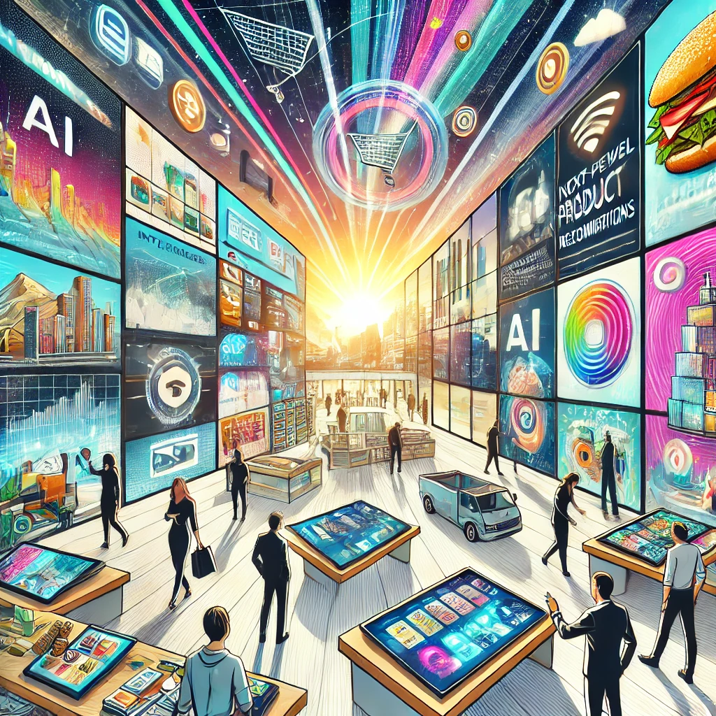 Futuristic retail space with smart signage by digisigns showcasing AI-driven product recommendations and interactive displays