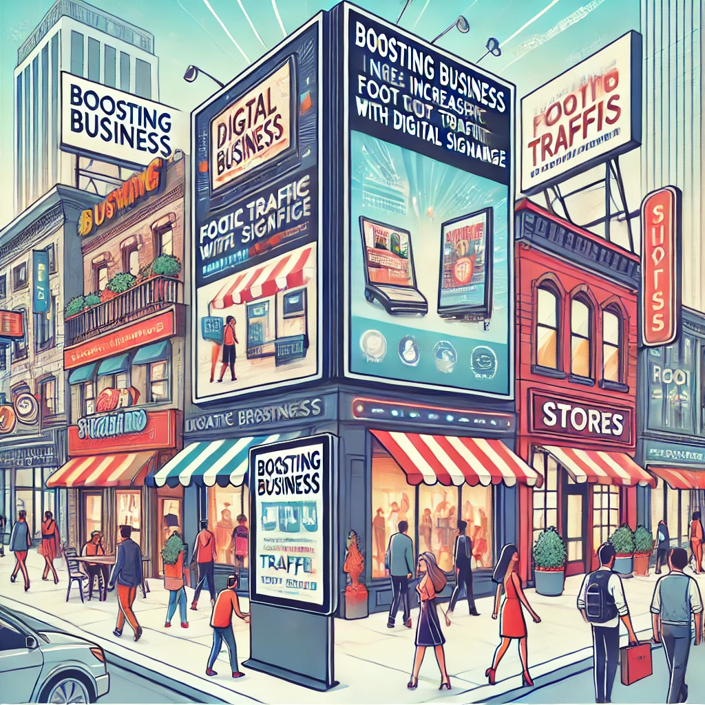 Busy city street with smart signage by digisigns promoting increased foot traffic and business growth through digital displays