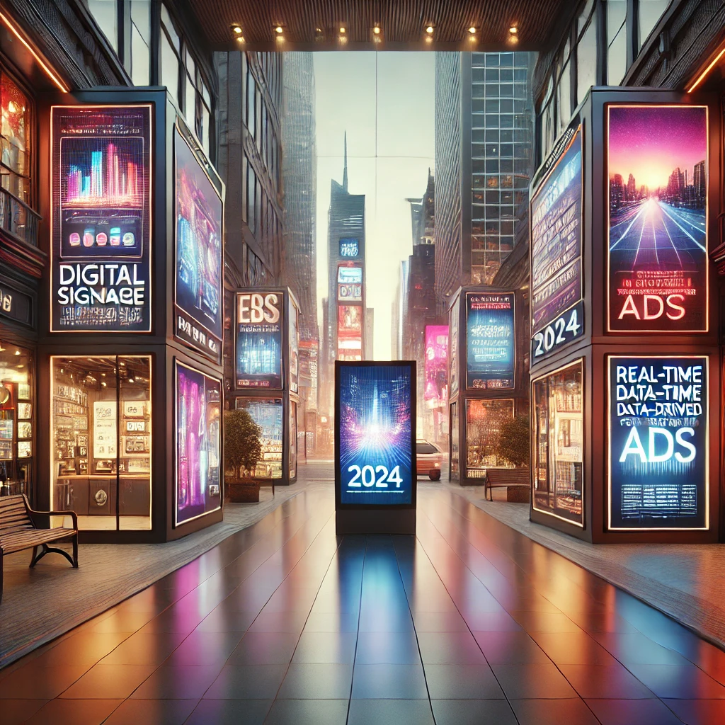 Futuristic cityscape with smart signage by digisigns displaying 2024 ads, real-time data-driven content, and vibrant visuals