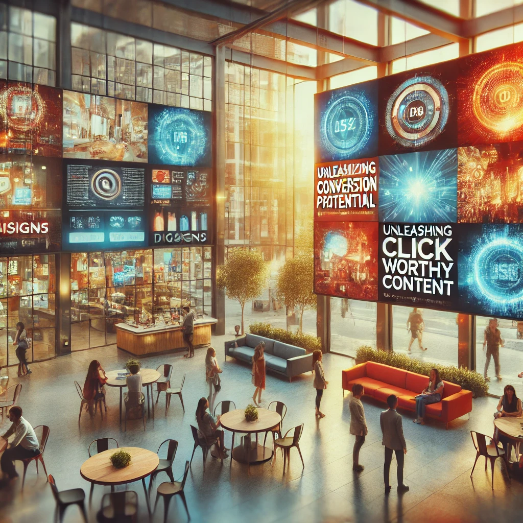 Modern lobby with smart signage by digisigns displaying conversion potential and click-worthy content on vibrant screens