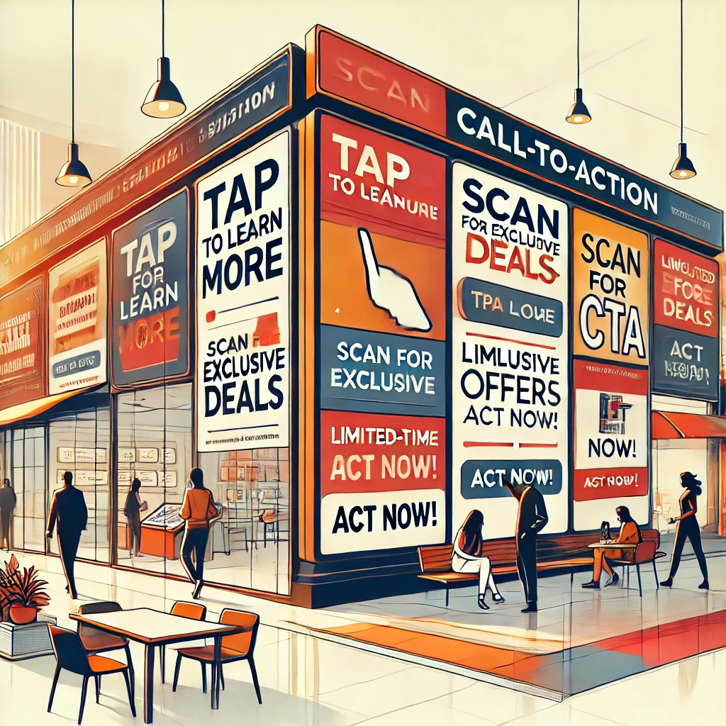 Retail storefront with smart signage by digisigns featuring call-to-action prompts, exclusive deals, and interactive displays