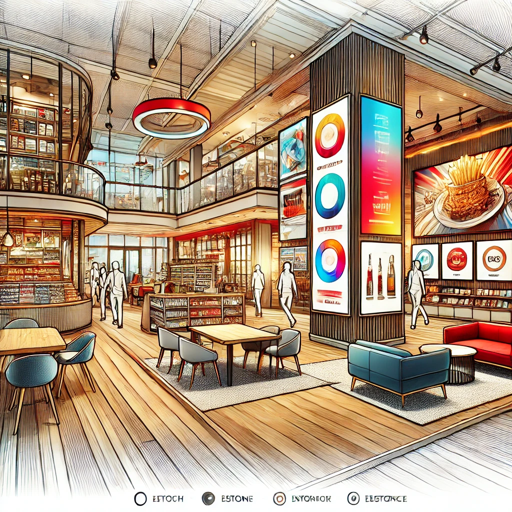 Modern retail space with smart signage by digisigns displaying vibrant ads and circular data visuals in a multi-level store