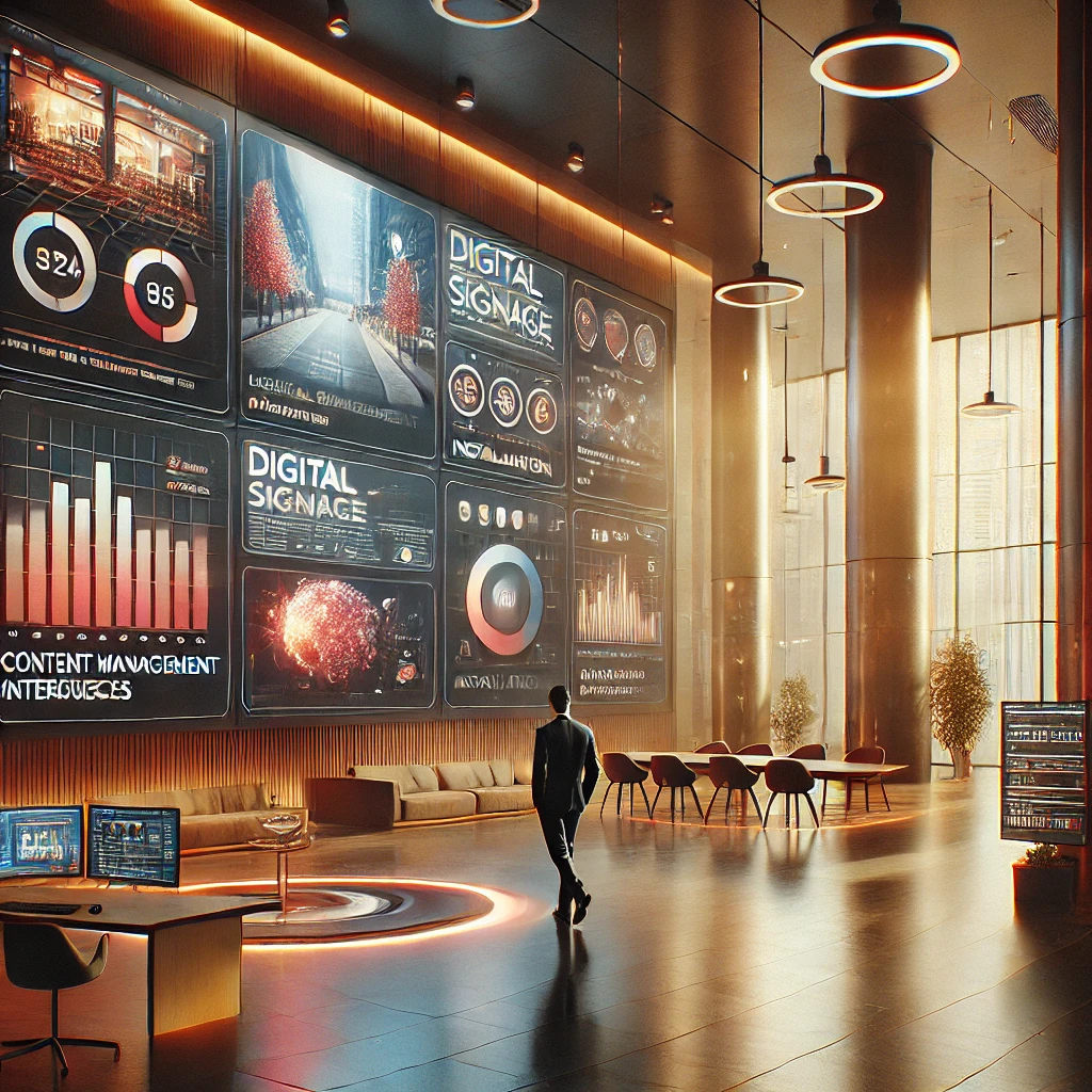 Spacious office with smart signage by digisigns showcasing content management and analytics on large interactive displays