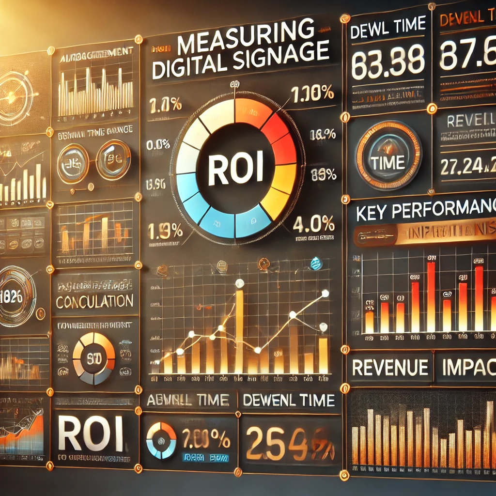 Digital signage dashboard by digisigns measuring ROI with charts on dwell time, revenue impact, and key performance indicators