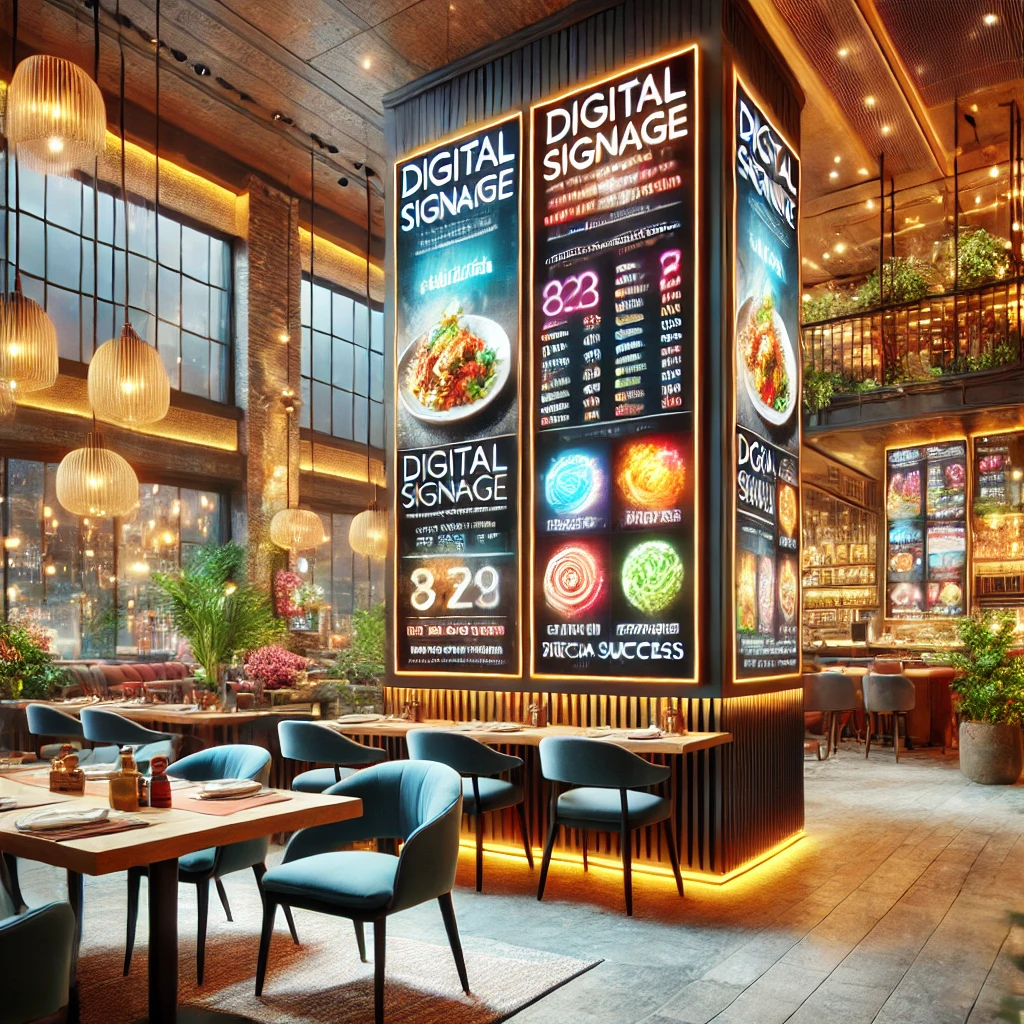 Restaurant interior with smart signage by digisigns displaying menu items and digital success metrics in a modern dining space