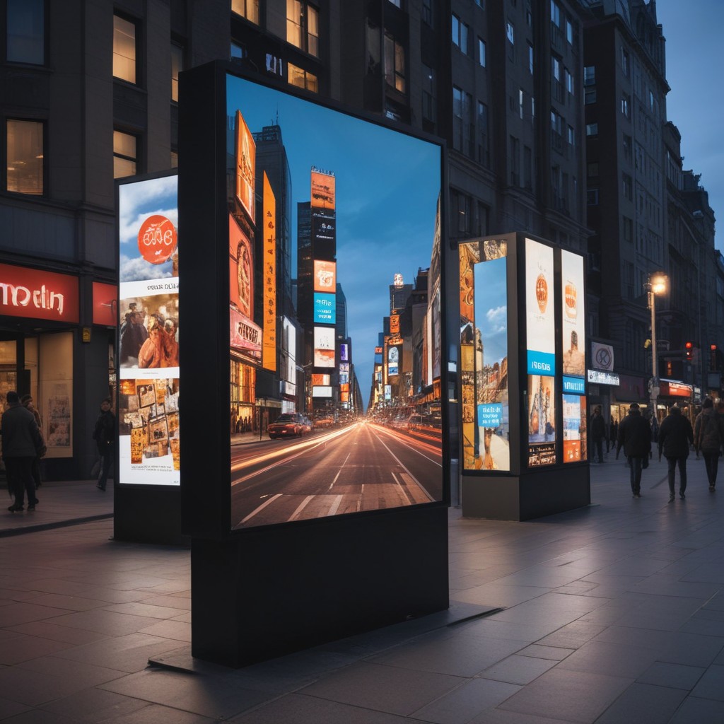 At dusk on a bustling city street, bright digital signage billboards show dynamic ads that overshadow static posters on nearby buildings, providing a striking visual contrast between digital signage and traditional advertising. This scene captures modern outdoor advertising trends and highlights the advantages of digital billboards in digital marketing over static ones.