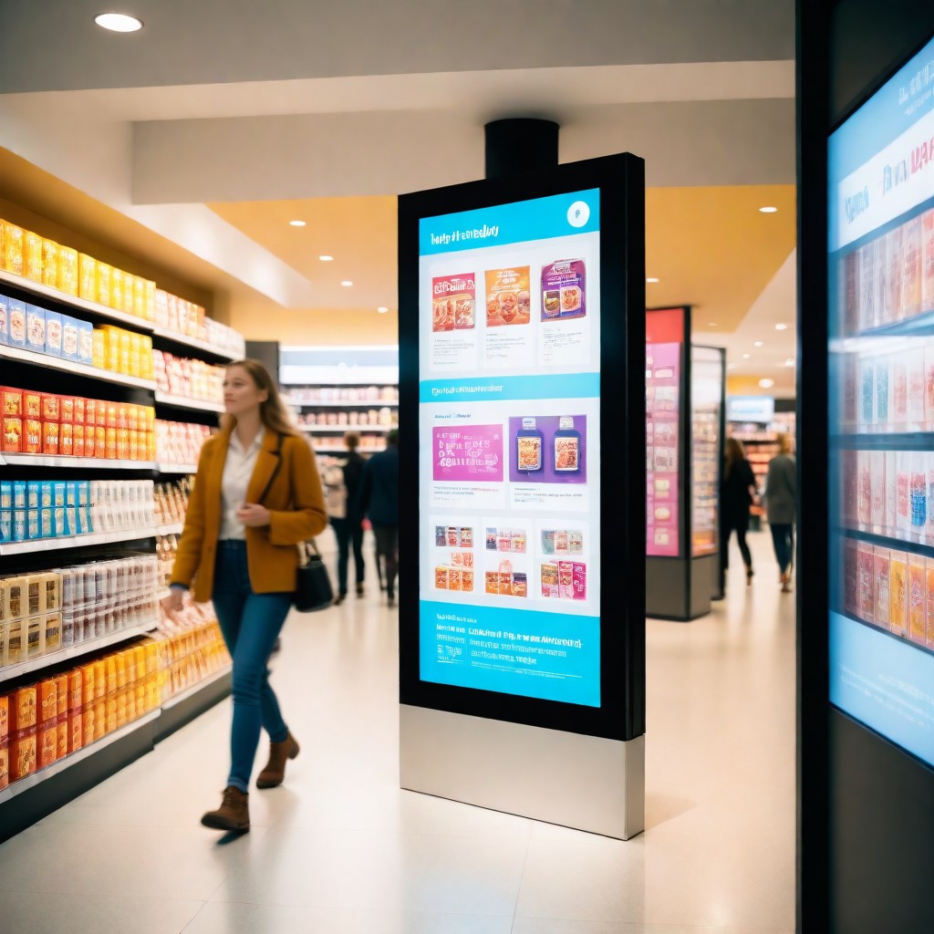A modern supermarket featuring a bright digital signage display showcasing product recommendations, promotions, and interactive content. A shopper walks past, engaging with the in-store digital experience, enhancing customer interaction and convenience. This image highlights how digital signage improves customer engagement, personalized recommendations, and retail marketing strategies.