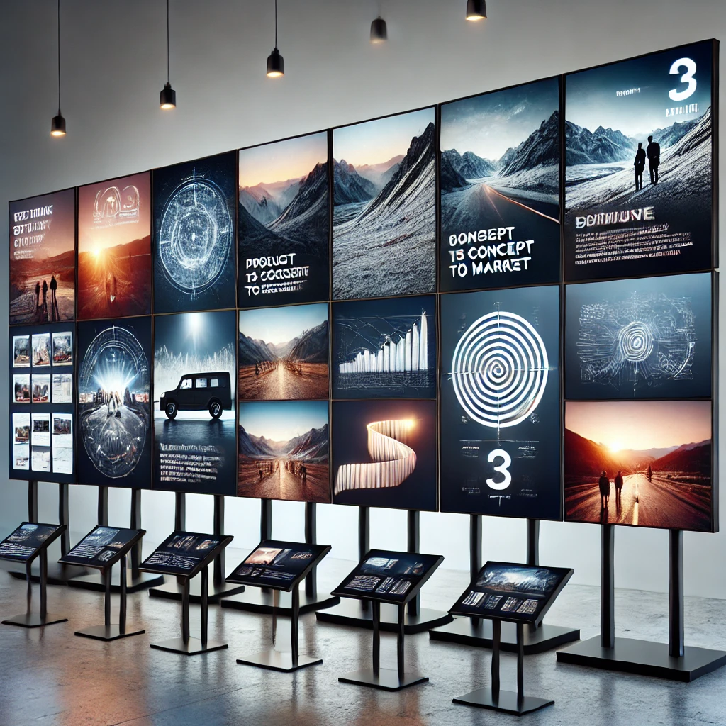 Exhibit of smart signage by digisigns displaying project timelines and concepts, featuring scenic visuals and interactive screens.