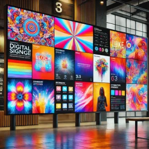 Vibrant digital signage display by digisigns featuring colorful AI-generated content and abstract designs in a modern indoor setting
