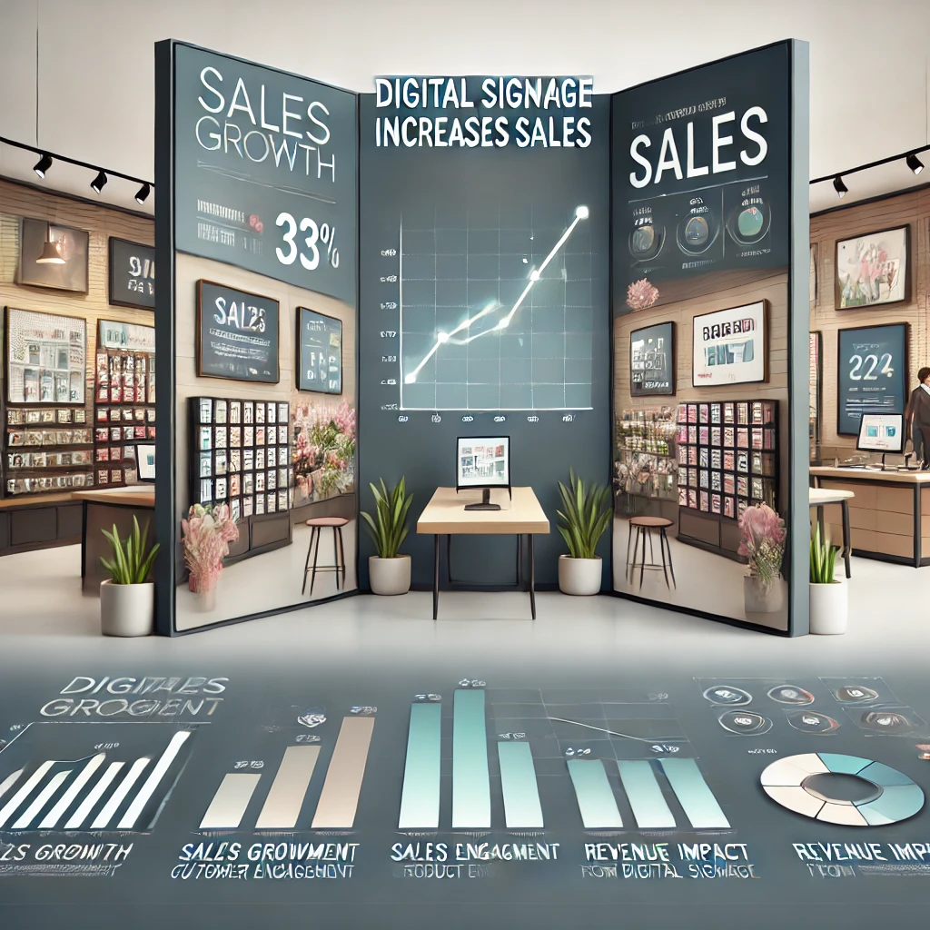 Retail display with digital signage by digisigns showcasing 33% sales growth and customer engagement metrics, featuring charts and interactive screens.