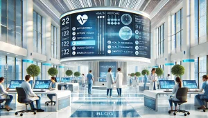 Modern healthcare lobby with smart signage by digisigns displaying patient queue updates and health metrics, featuring medical staff at touchscreens.