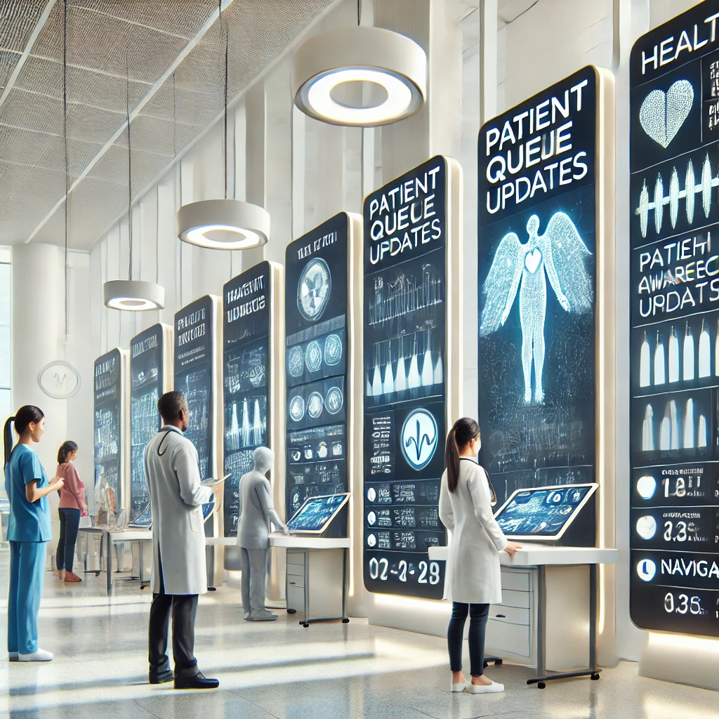 Healthcare lobby with smart signage by Digisigns showing patient queue updates and health data, featuring doctors interacting with touchscreens