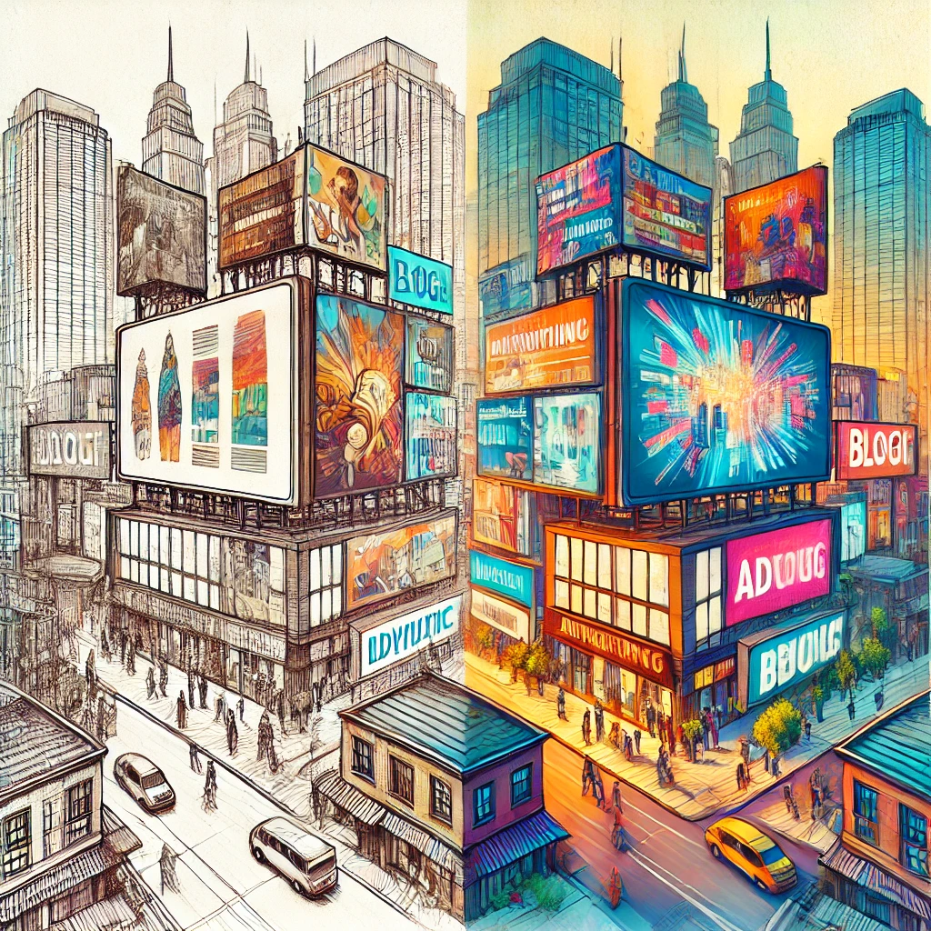 Comparison of traditional ads and smart signage by DigiSigns, showing a vibrant cityscape with static billboards on the left and dynamic smart signage on the right