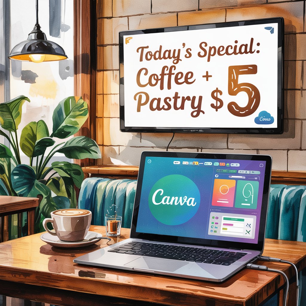 A watercolor-style illustration of a cozy café with wooden tables, warm lighting, and a digital signage screen on the wall displaying 'Today’s Special: Coffee + Pastry $5!'. A laptop on the table shows a DIY design tool, with a text overlay 'Affordable Digital Signage for Small Businesses! ☕' in white at the top.