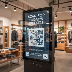 A modern digital signage kiosk inside a stylish retail clothing store displays a large QR code with the message "Scan for Today's Specials!" in bold white text. The screen includes icons for accessibility and check-in, with tactile Braille buttons located at the bottom of the kiosk, emphasizing inclusive design. Clothing racks and shelves with folded apparel are visible in the background
