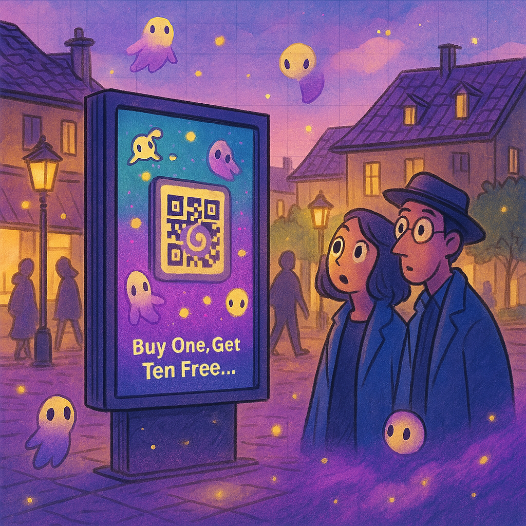 A Ghibli-style city plaza with a Digisigns Ghibli solutions screen glowing in purple and yellow with sparkles, featuring floating spirit orbs, and adults with wide eyes, enhanced by original spirit figures. Text: ‘Ghibli Magic in Cityscapes.