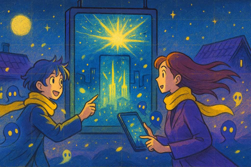 A Ghibli-style city rooftop with a Digisigns Ghibli solutions screen glowing in yellow and blue with swirling lights, featuring a mystical cityscape, and artists with wide eyes, enhanced by original wisp spirits. Text: ‘Interactive Digital Signage.