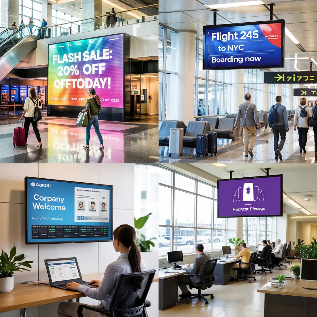 A 2x2 collage showcasing digital signage placement in malls, airports, corporate offices, and healthcare facilities. Each section features a DigiSigns screen with location-specific content, overlaid with text: 'Best Locations for Digital Signage' and 'Maximize Impact with Digisigns.
