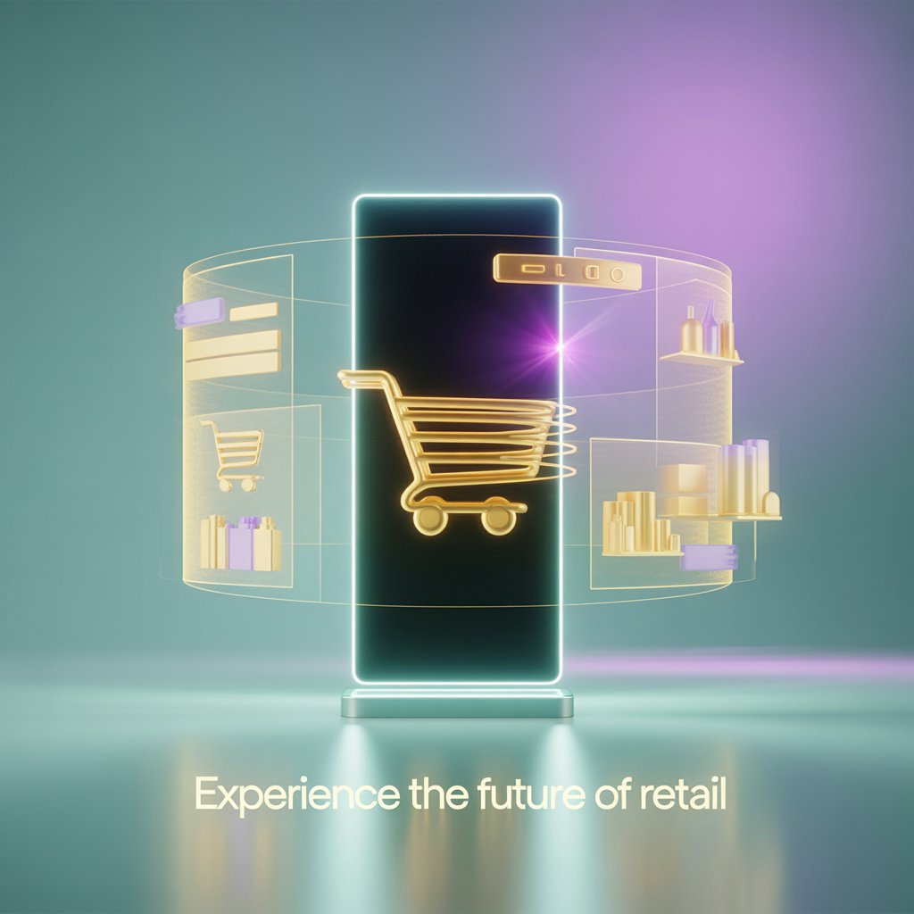 A futuristic digital illustration with a teal-to-purple gradient background resembling a digital horizon. At the center, a glowing teal digital signage screen displays a gold shopping cart icon with a touch ripple effect, symbolizing interactive customer engagement. Surrounding the screen, faint gold holographic product icons and data charts emit a soft purple glow, representing AI personalization and data analytics in retail. Gold sparkles and a soft purple lens flare in the corner add depth and energy, creating a modern retail tech aesthetic.
