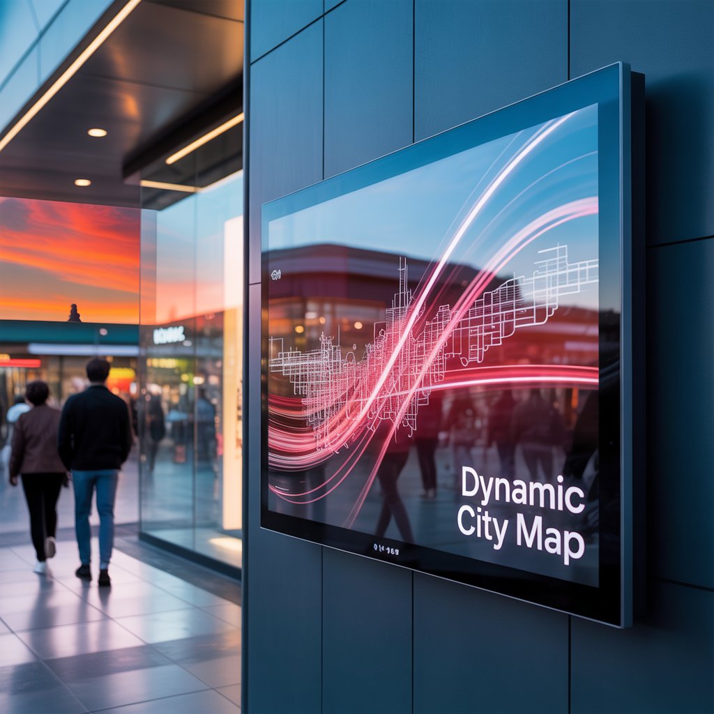 A retail storefront with a digital signage screen showing a city map in red, black, and white, surrounded by blurred shoppers and modern architecture.