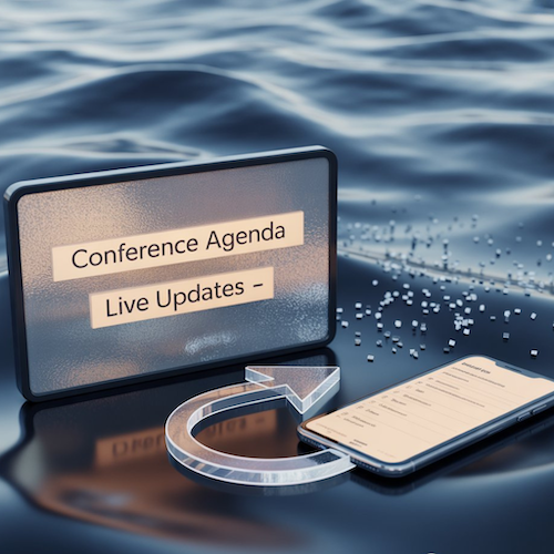 A navy blue graphic with a wave pattern, featuring a digital signage screen showing ‘Conference Agenda – Live Updates’ in ivory on silver. A smartphone displays a personalized agenda, connected by a silver holographic line. Silver sparkles add energy, and the Digisigns logo sits in the bottom right.