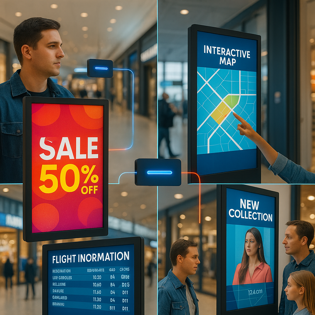 Real image of Digisigns vibrant digital signage network across a mall, airport, and retail store, with LED screens showing sale ads, flight schedules, and maps. Diverse people engage—touching screens, viewing videos—amid blues, reds, yellows, and tech elements like Wi-Fi icons