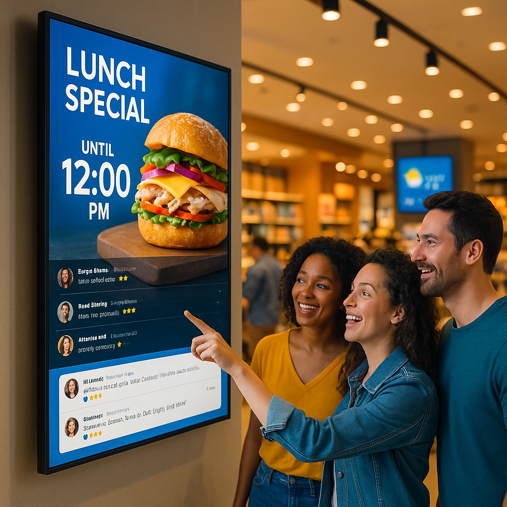 A retail store with a Digisigns digital display showing a lunch special and 12:00 PM timer, with a social media feed and logo. Shoppers engage with the screen, and a weather update shows in the background. The modern store has bright lighting and a tech-forward blue, white, and yellow aesthetic.