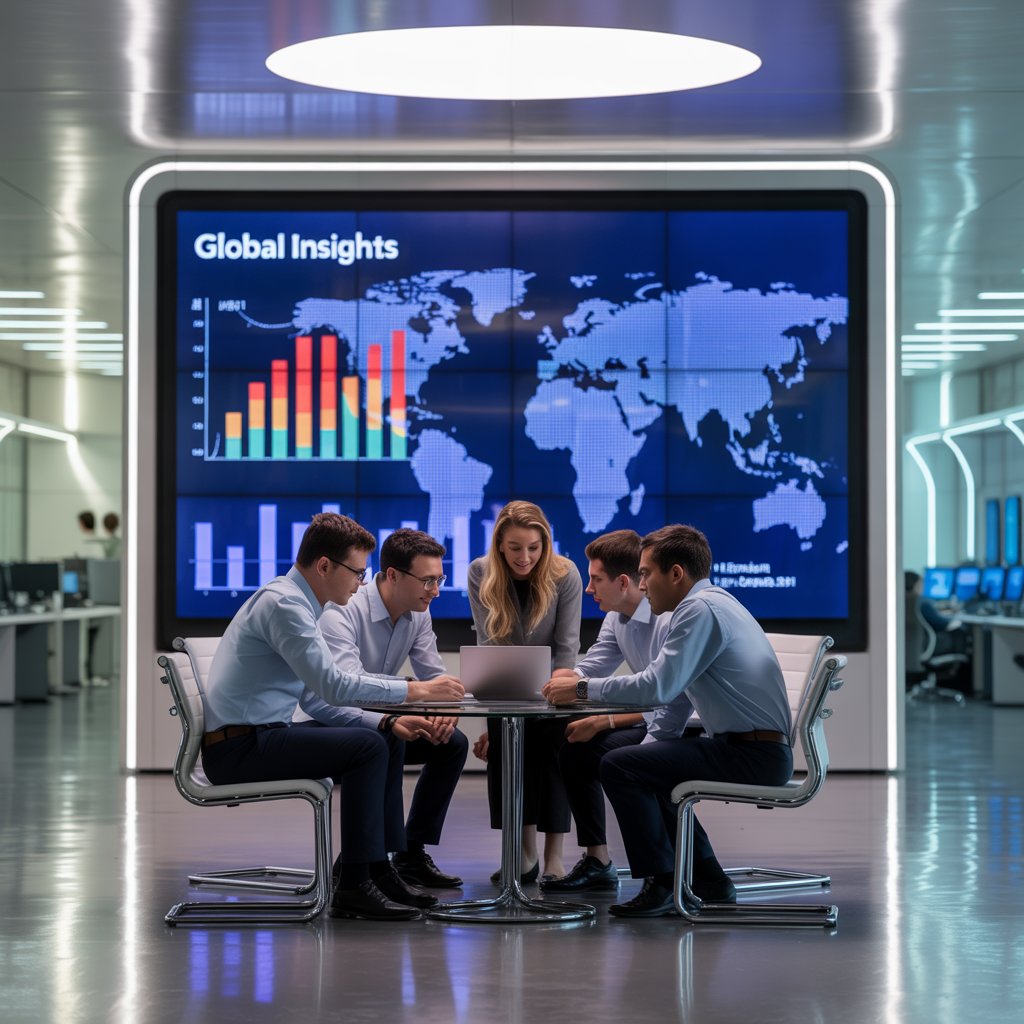 A futuristic office with a large digital signage screen displaying a vibrant, original data visualization with colorful bar graphs and a world map, surrounded by diverse employees collaborating in a modern setting.