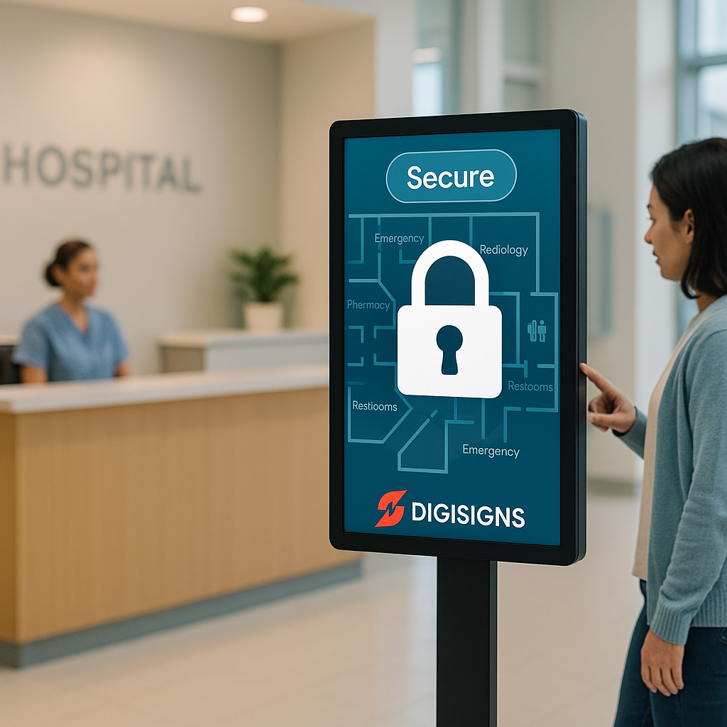 A hospital lobby digital signage display with a wayfinding map, digital lock, and Digisigns logo, showcasing secure digital signage. The professional setting uses calming blues and whites.